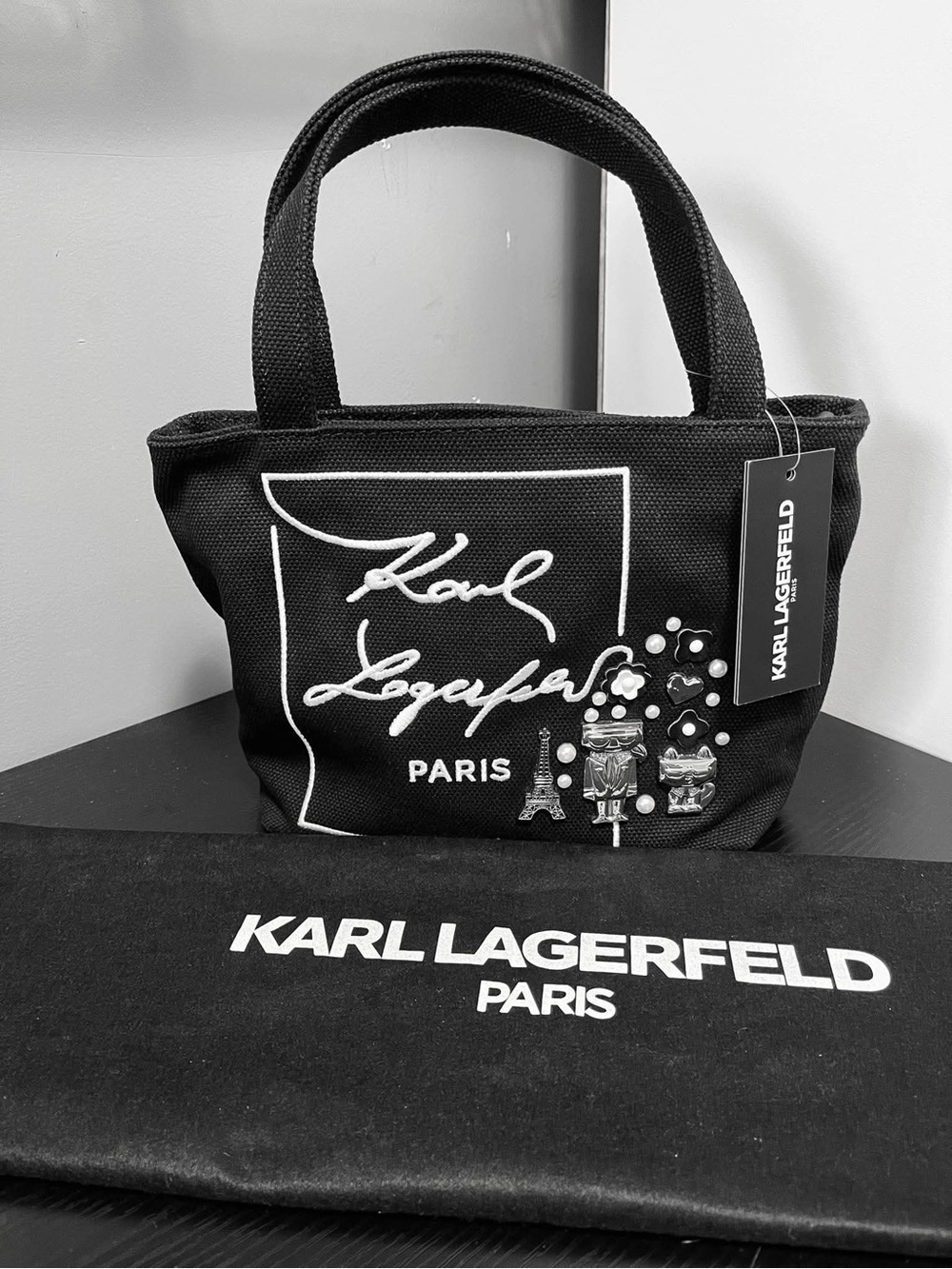 Karl Lagerfeld Black Canvas Mini Tote with Logo and Decorative Pins